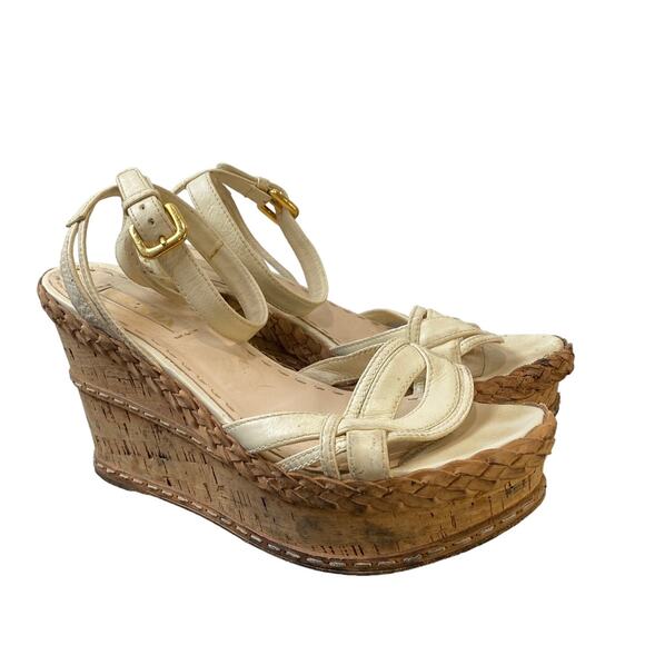 Prada Cork Wedge Platform Leather Ankle Strap Sandals Women's 40.5 - Picture 1 of 13